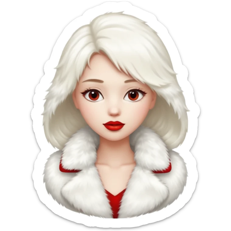 A beautiful, cute girl with red lipstick on her lips in a white fur coat,  in full view sticker