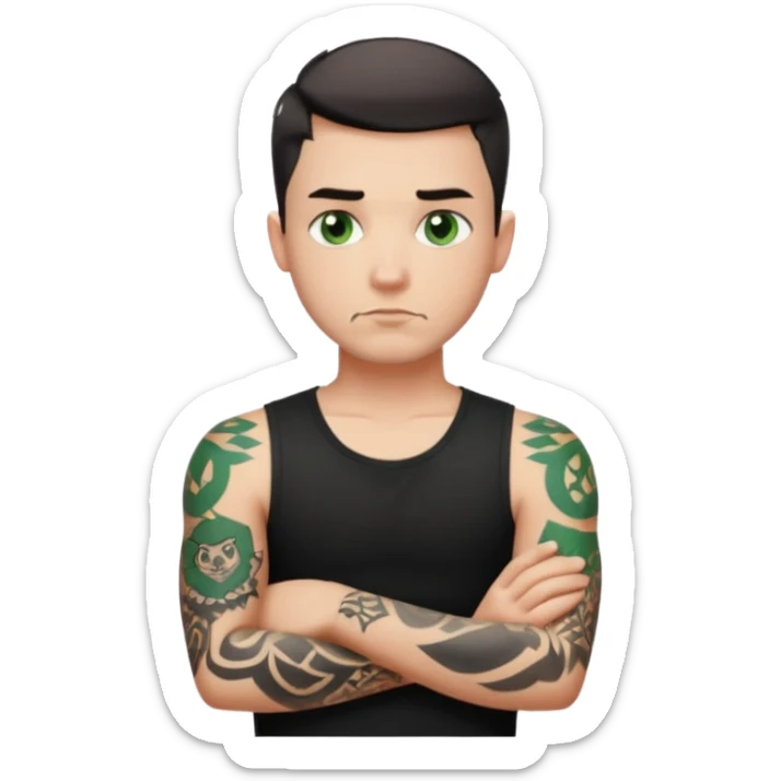 White young man with short black taper fade hair cut and slight goatee and neutral expression with his arms folded. Green eyes and black arm tattoos sticker
