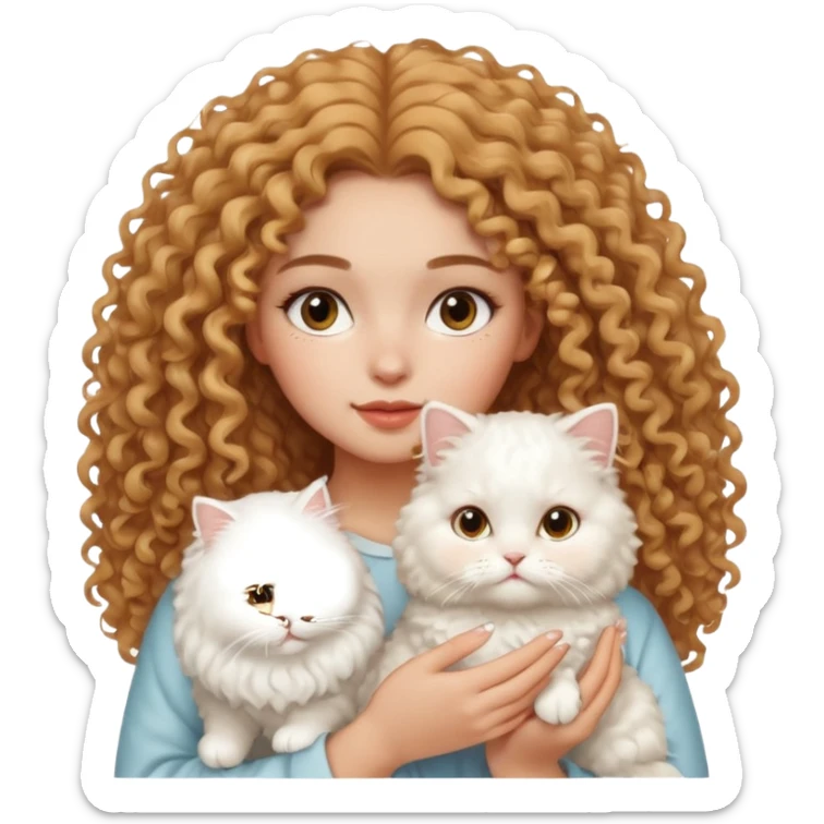 lightskin girl with frizzy curly hair, clean girl makeup, holding a white Persian cat sticker