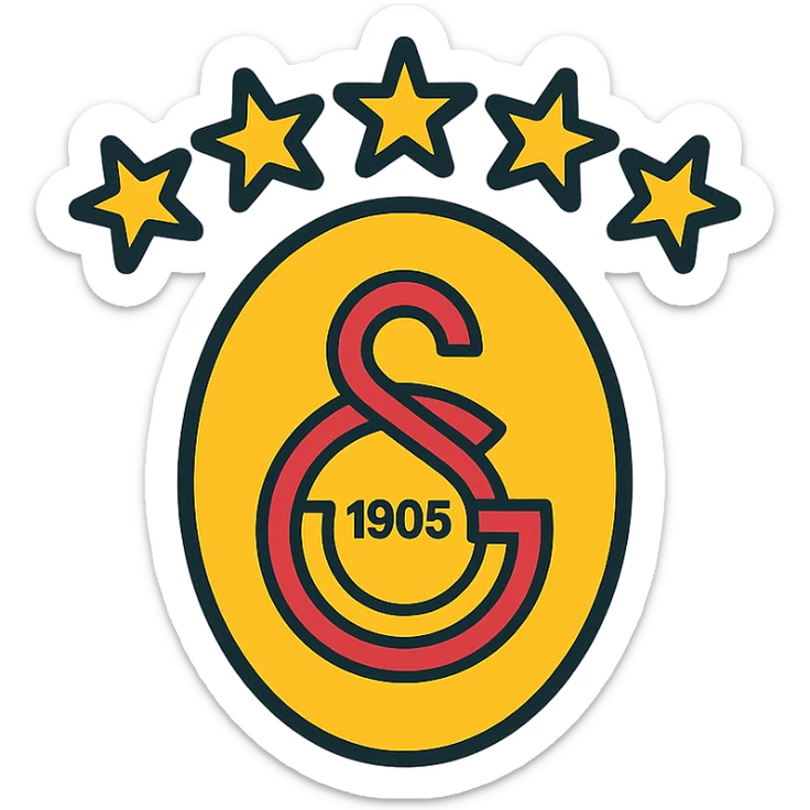 lineal color icon of Galatasaray crest with five stars above, black outlines, filled with yellow and red, optimized for digital interfaces sticker