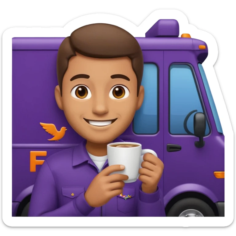 emoji of FedEx delivery man is sipping coffe while sitting in the FedEx truck sticker