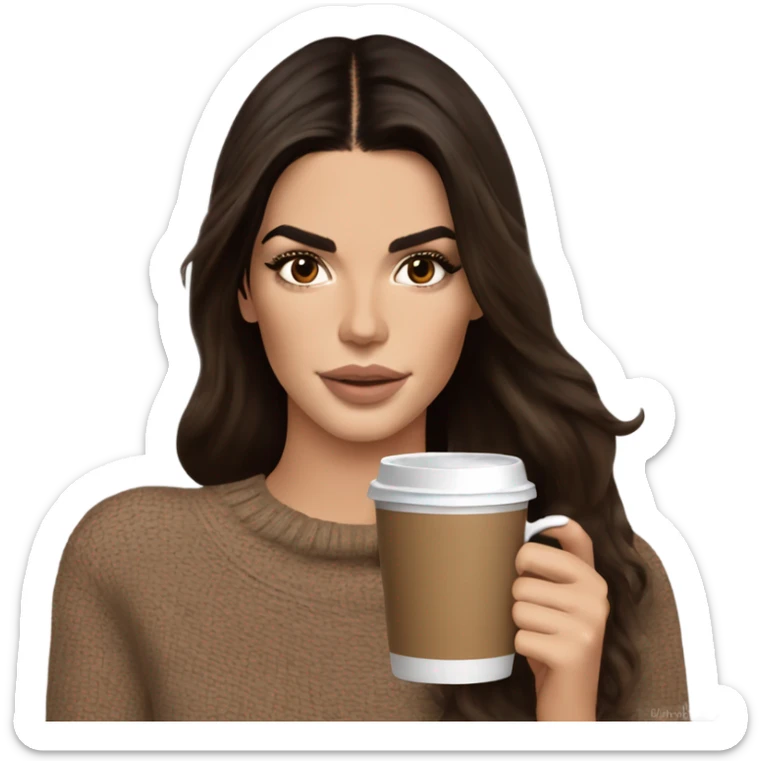 brunette Kendall Jenner with long and brown hair her eyes brown and sipping coffee Her hair is wavy and shiny With brown sweater just one  sticker