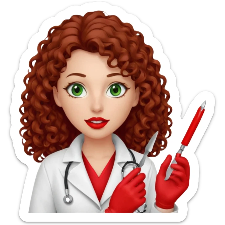 Lilith symbol sexy evil woman. She has green eyes.  had brown long curly hair.  evil surgeon kills with scalpel wears red sexy doctor coat with red mouth cover red gloves. Covers nose, neck  and mouth with Muslim red berka sticker