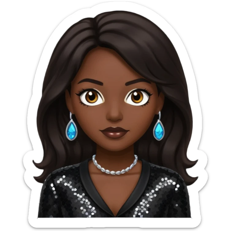 Cindy Herron from En Vogue with long dark brown hair, black sequin outfit sticker