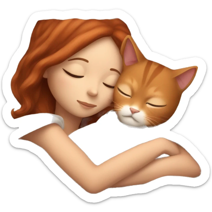 A white girl with brown hair sleeps with a red cat in a blanket sticker