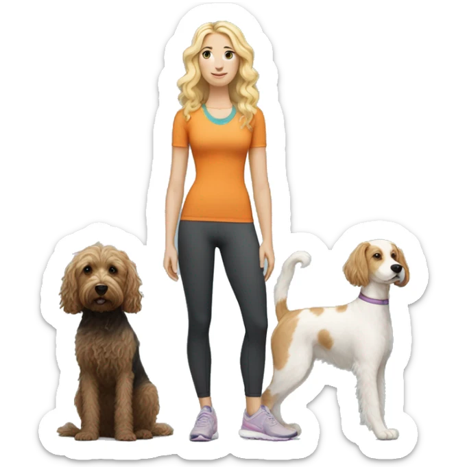 white woman with long blonde hair and cat shaped eyes wearing a yoga outfit standing alongside a tri-colored bernadoodle dog sticker
