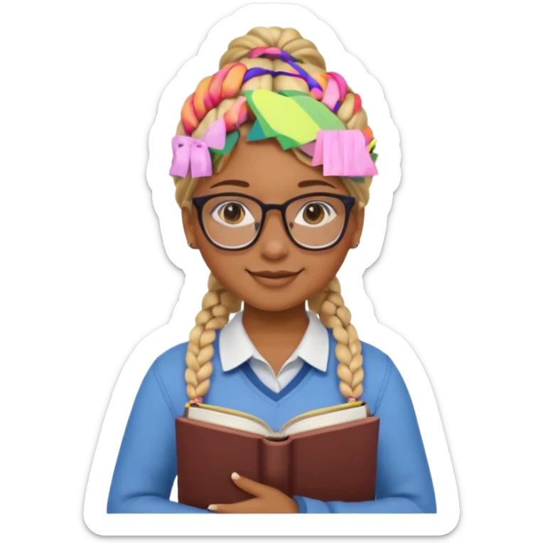 A student, girl, brown skin, braid blonde hair, wearing glasses, hold book in front of their chest sticker
