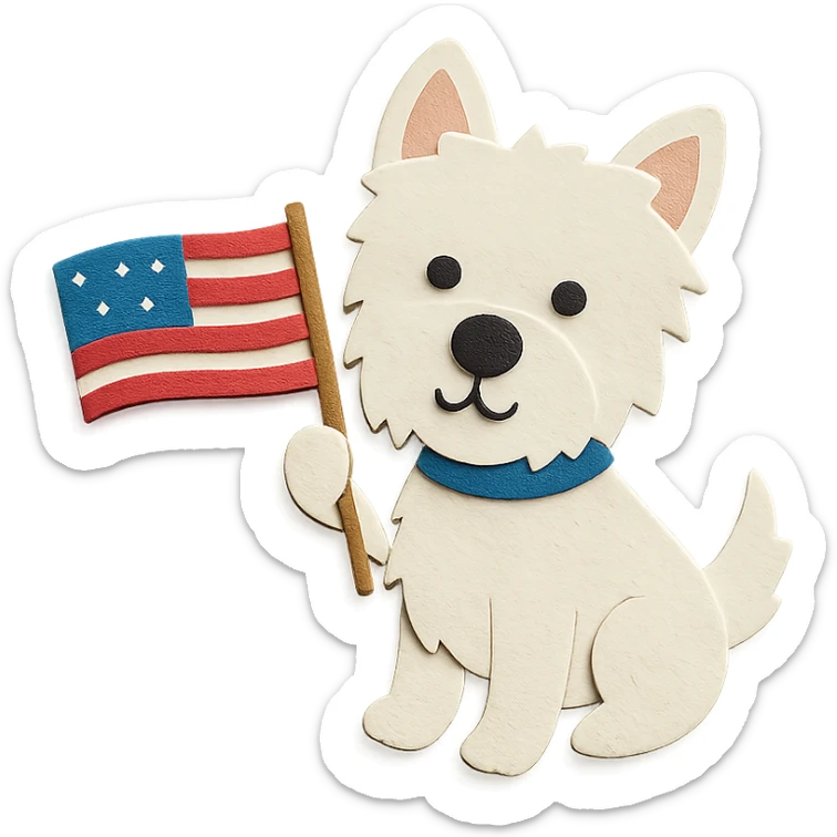West Highland White Terrier (Westie) holding and waving an American flag, paper craft style sticker