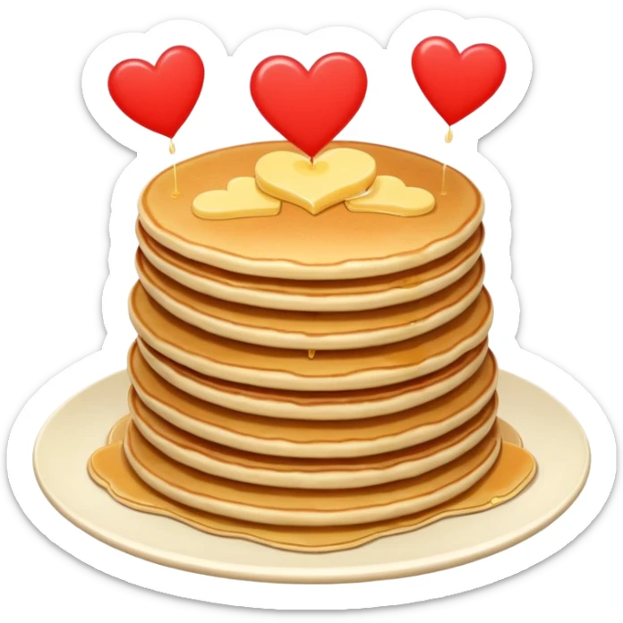 8 pancakes pilled up with butter on top and two little red hearts on the air sticker