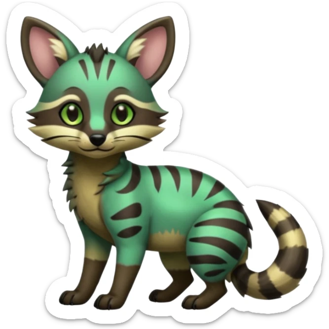 Cute adorable kawai Shiny Green Colorful Dusky Dark Gloomy Glossy Aardwolf-Genet-Bobcat-fusion-animal-hybrid-creature, full body sticker