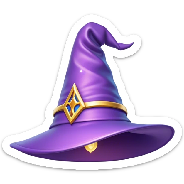 Clash of Clans aesthetic: Cinematic Playful Wizard's Hat Emoji, rendered in a 3D vector-style similar to standard emojis with minimal shading and bold, simplified shapes. A compact, isometric pointy hat with a wide brim adorned with mystical symbols and subtle enchanted shimmer, softly glowing with a magical whimsical charm. Simplified yet unmistakably iconic, highly detailed and consistent, glowing with a soft radiant glow and high shine. Stylized with a touch of classic sorcery and a soft glowing outline, capturing the essence of a legendary wizard’s hat with a friendly, playful manner! sticker