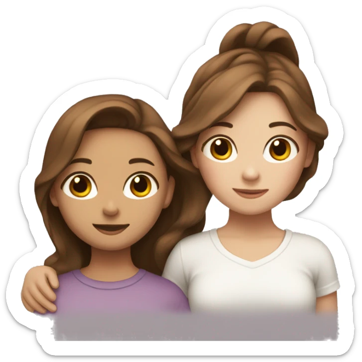 Two girls with white skin hugging each other one has wavy brown hair and the other has straight brown hair sticker