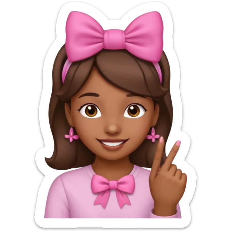Chica morena sonriendo con un lazo rosa en la cabeza y mordiendose la punta del dedo indice con delicadeza sticker