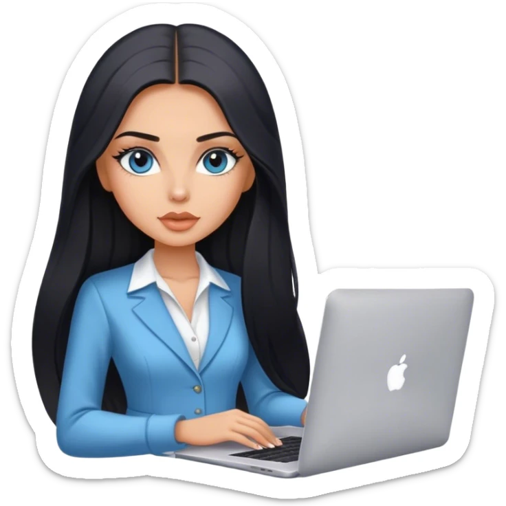 Glamours tanned very beautiful girl with pump peach nude lips and black straight smooth long hair, blue-grey eyes in beautiful clothing with MacBook sticker