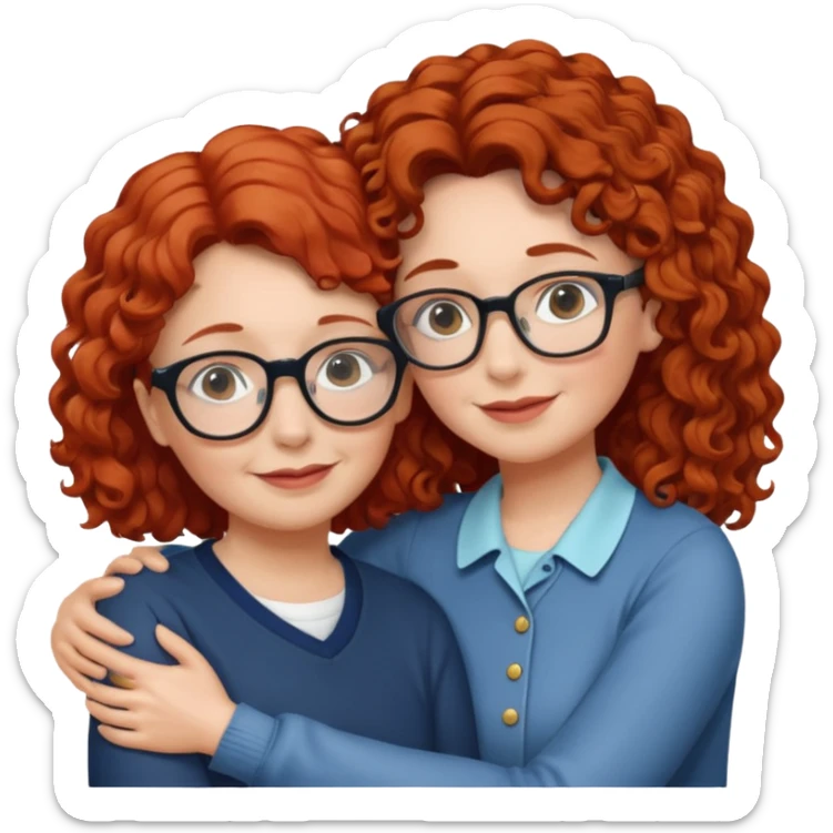 red short wavy haired 68 year old nana with 15 year old long curly hair girl with glasses hugging sticker