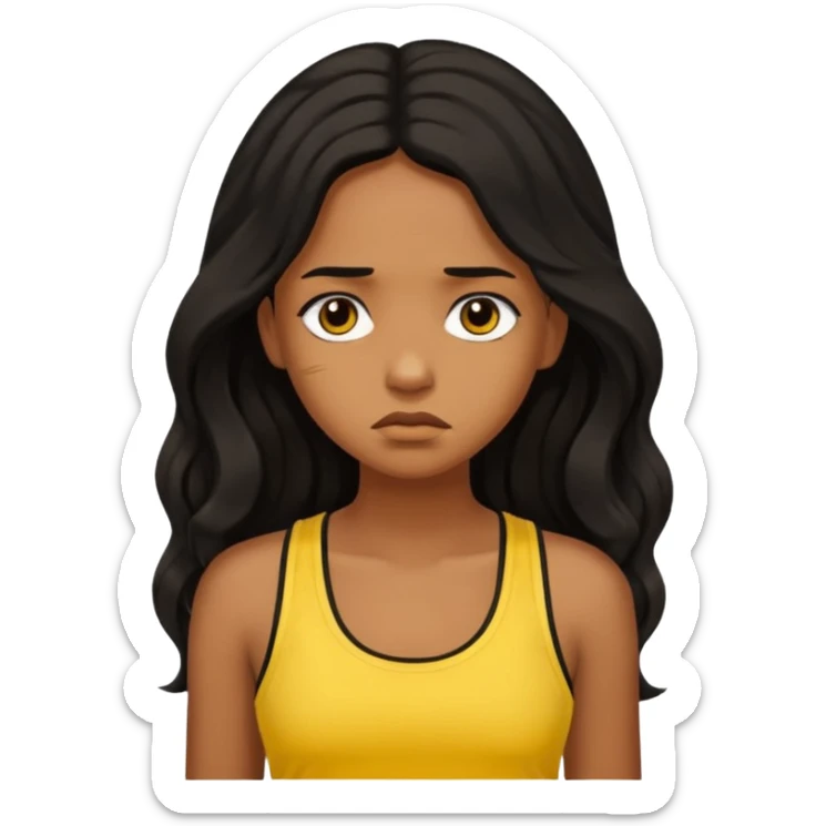 brown pretty bratz girl with long wavy black hair, wearing a yellow tank top. looking sad sticker
