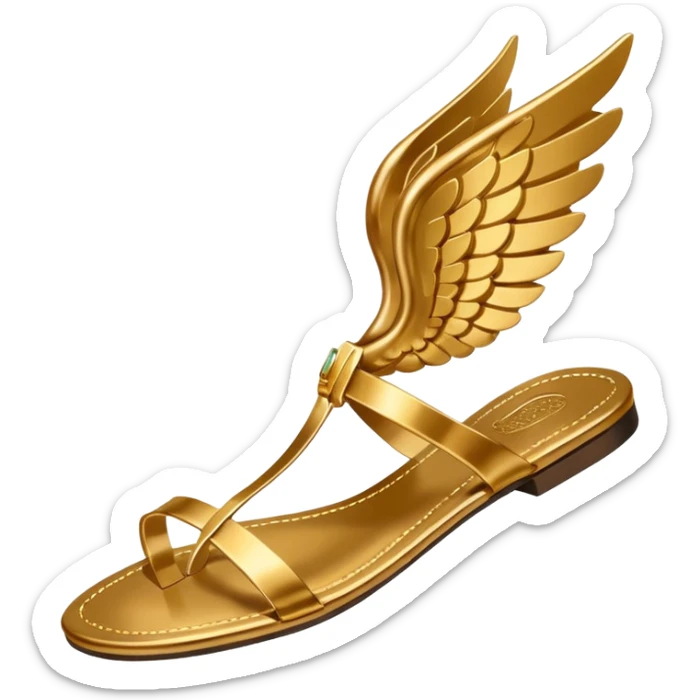 a single gold winged sandal of hermes (talaria), pointed down in mid air as if it is flying. minimalist. sticker