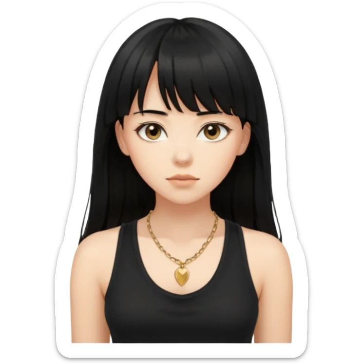 alrighht here’s just the person described for your emoji ai prompt:

> young woman, long black hair with bangs, soft expression, wearing a black tank top and gold necklace, confident pose, natural beauty, warm lighting on face, slightly tousled hair



lmk if u want it more detailed or stylized 🔥
 sticker