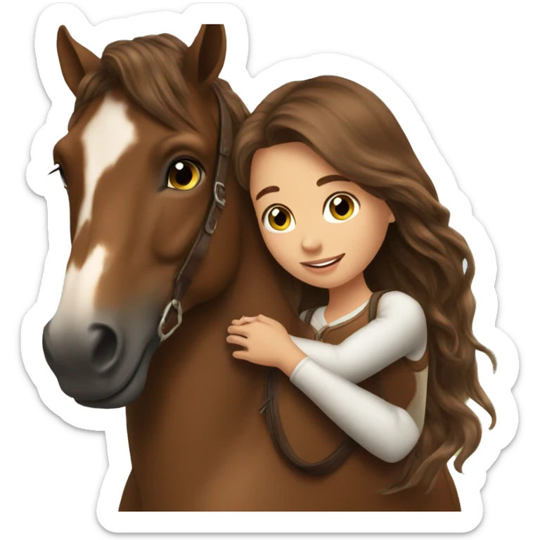 Beautiful Girl long brown hair hug her brown horse sticker