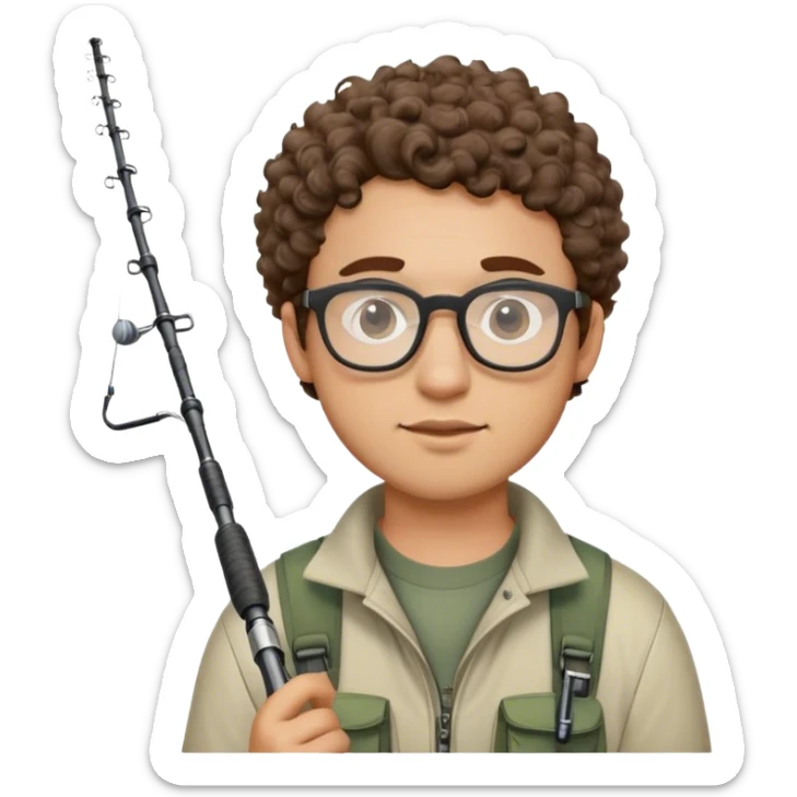 A young adult man with short curly brown hair, closely trimmed sides, round glasses, light beard, wearing fishing gear and holding a fishing rod. sticker