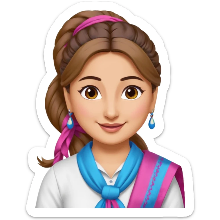 generate a pretty bratz emoji that looks like Kareena Kapoor's Geet character. 
Make her wear a white shirt with a colorful blue-pink dupatta wrapped around her neck. smiling big. hair tied into a side part ponytail

She should look like Kareena Kapoor sticker