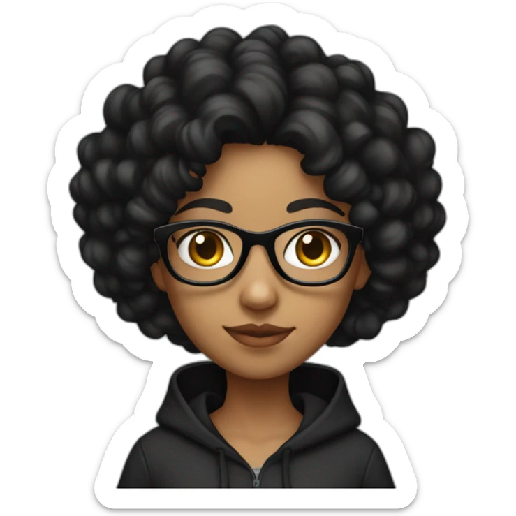 indian girl with glasses with black curly hair wearing a black hoodie with no zipper sticker