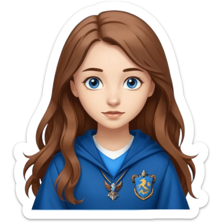 gorgeous Girl with light skin, blue eyes, long brown hair, wears a ravenclaw outfit sticker