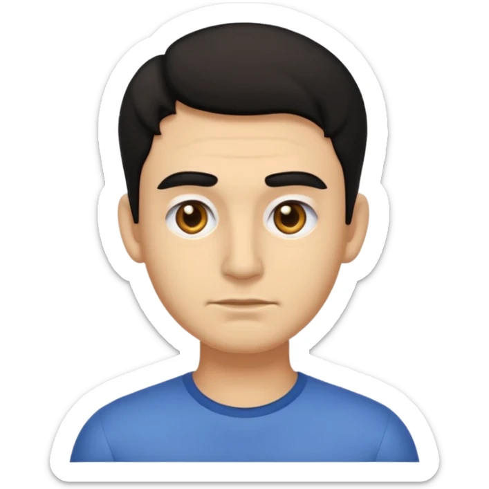 emoji a medio cuerpo hasta la cintura, hombros anchos, de un hombre, con cejas gruesas inclinadas hacia abajo, nariz medio grande, hombros anchos, sin sonrisa, hombros anchos, cabello ondulado con un corte adolecente, cabello negro. ojos negros. sticker