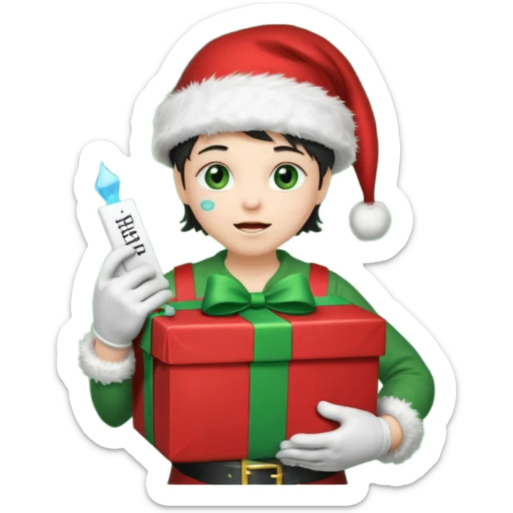 appears to be a naughty list with the words "NAUGHTY" written on top of it. It is sad with tears and wearing a Santa hat and has green boots and gloves. It is holding a present-looking chest in it's hands with coal inside. sticker