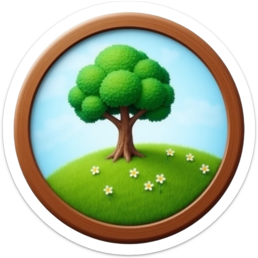 circular logo with a tree and grass, skeuomorphic, rich colors, beveled edges, polished, realistic look, pre-2010 icon design sticker