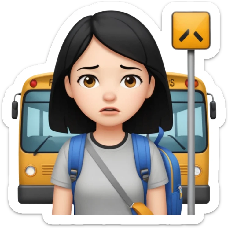 girl with black hair in short sleeves frustrated waiting for bus sticker
