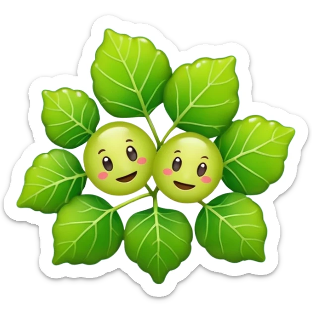 Sea grapes (Caulerpa lentillifera) with an elongated, cylindrical shape, made of many tiny translucent green bead-like bubbles,  much smaller than real grapes, clustered tightly along a thin stem, glossy and fresh, emoji-style illustration, simplified shape, clean outline, cute and minimal sticker