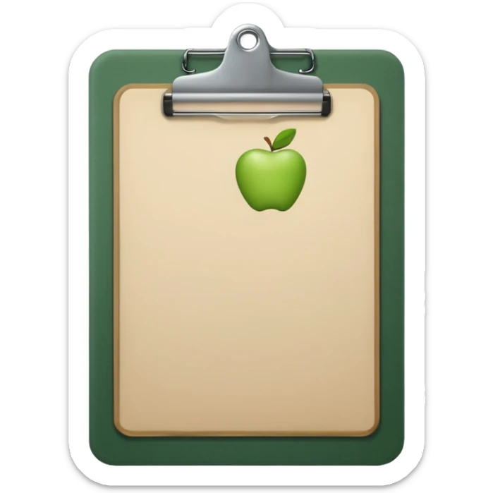 emoji of dark green clipboard with light beige paper, no text, Apple emoji style sticker