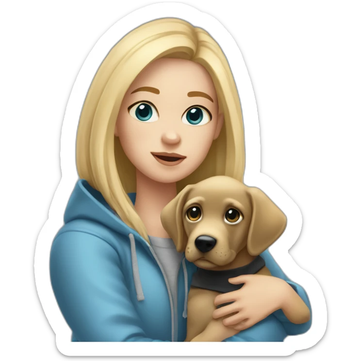 A blonde girl  with blues eyes, with smooth hair and a ray,she has light skin a few freckles, and she wear a hoodies and she Carries in his arms a black baby labrador dog  sticker