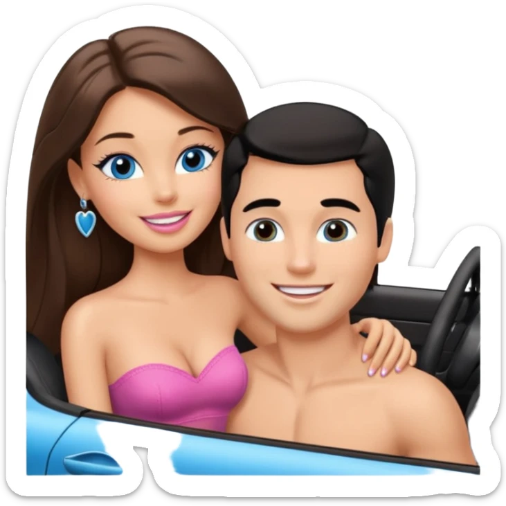 Barbie brown girl with brown eyes long brown hair and sexy shirtless white man with black hair blue eyes kissing in car sticker