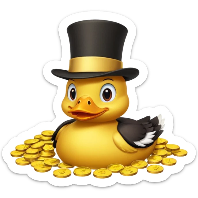 Duck character in top hat swimming in pile of gold coins and money bags sticker