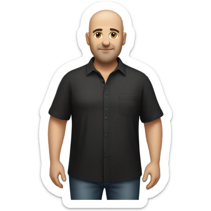 A slightly overweight middle-aged Italian man with olive-toned skin with bald hair and no facial hair. He is wearing a sleek black smart shirt, casually unbuttoned at the top. sticker