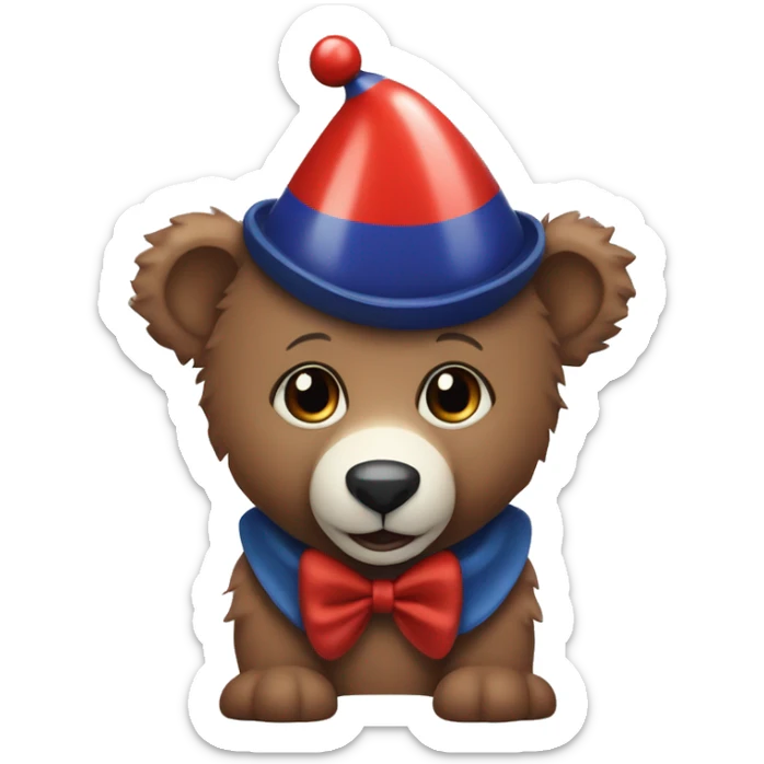 Brown baby bear. Wearing jester collar and a clown hat. The clown accessories are Red, Navy, And white. sticker