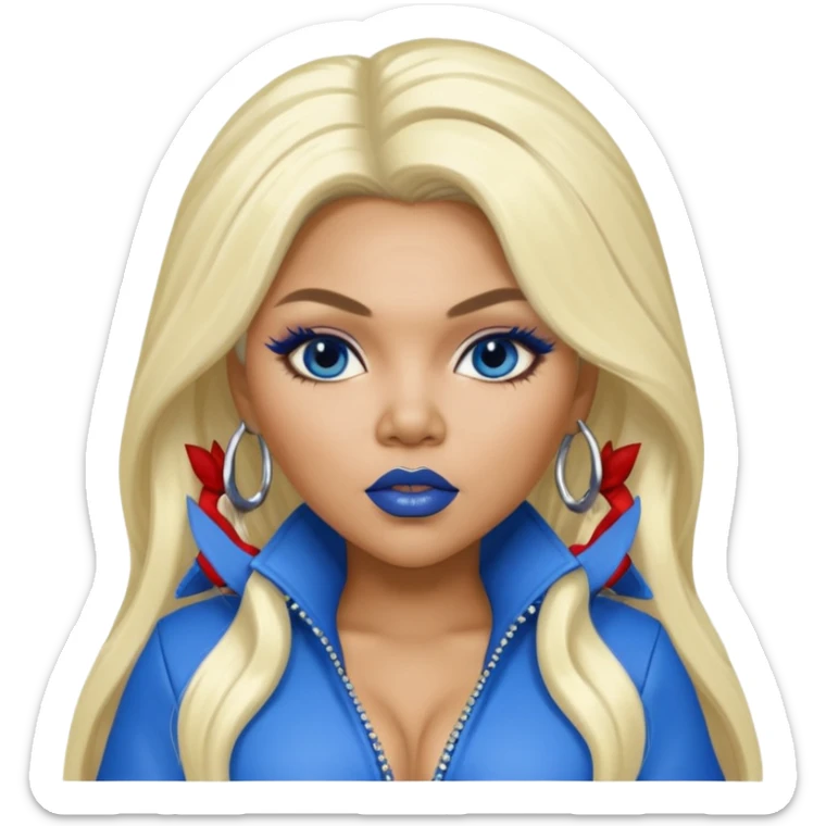Lil Kim with long platinum blonde hair, blue lip and outfit sticker