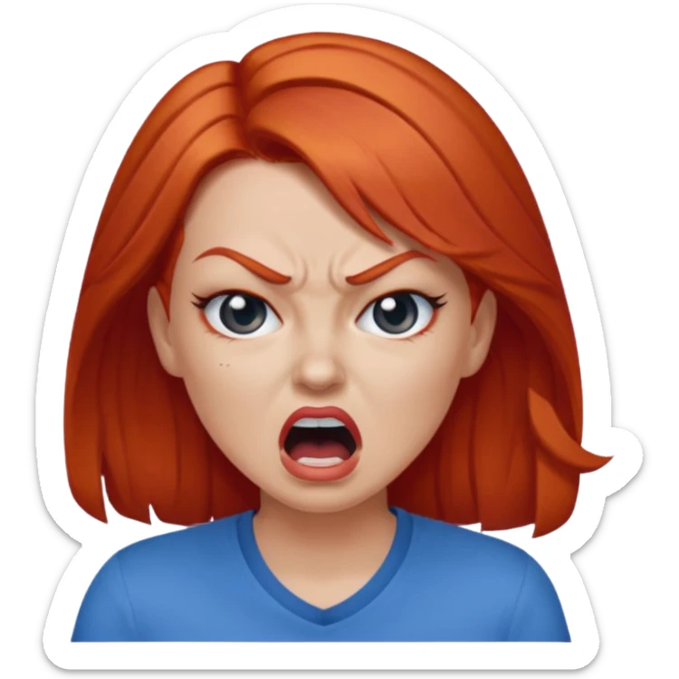 mujer pelirroja con los ojos y los labios maquillados enojada gritando con remera azul sticker