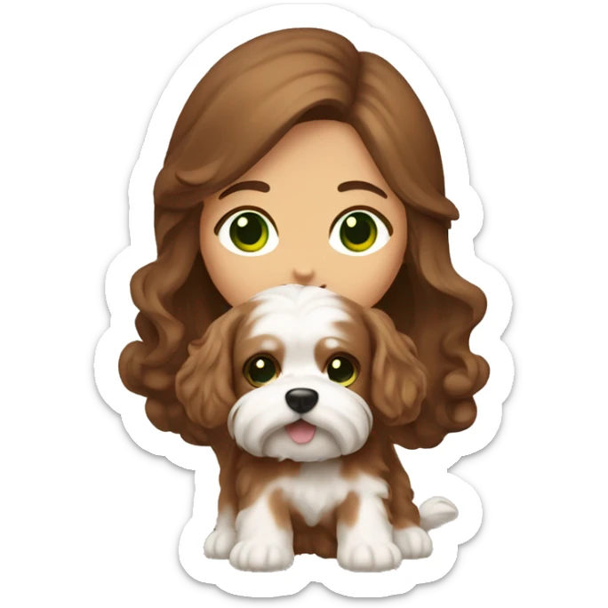 A girl with green eyes and long brown hair is holding a brown Maltese dog with curls on its coat sticker