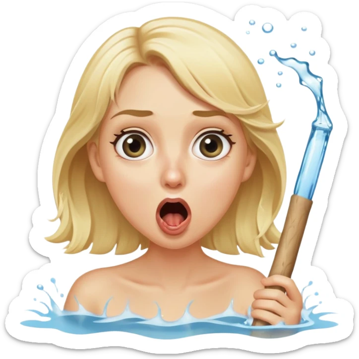blond woman with wide eyes, holding a wide skin-colored stick with a nibble on the edge, water squirting from the stick into her mouth, shocked face sticker