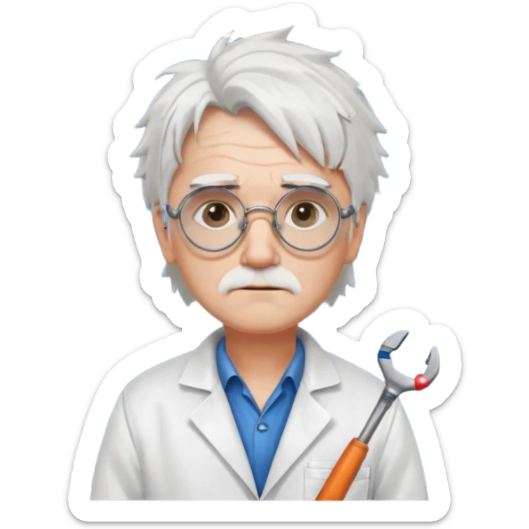 Portrait of an eccentric inventor with messy white hair, round goggles on forehead, sad face , wearing a slightly burnt lab coat, background of workshop with blueprints and tools sticker