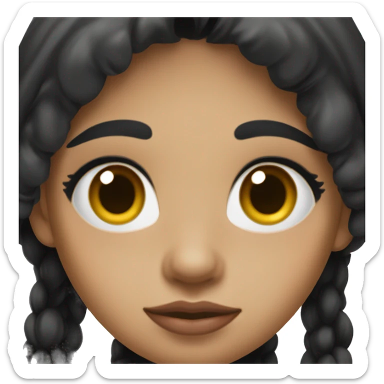 A girl with long black hair tending towards maroon, fair skin, wide black eyes, a small, slanted nose, full lips, a long face, and full cheeks sticker