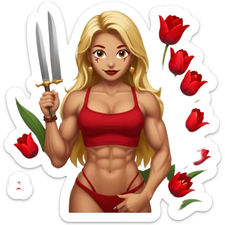 sexy tanned slavic girl, with knife, evil smile, sexy and muscled, long golden hair, flowers, flexing pose, full body nude, beautiful eyes with makeup, colored lips, makeup, earrings, tattoes, muscled and nude, surrounded by dark red tulips sticker