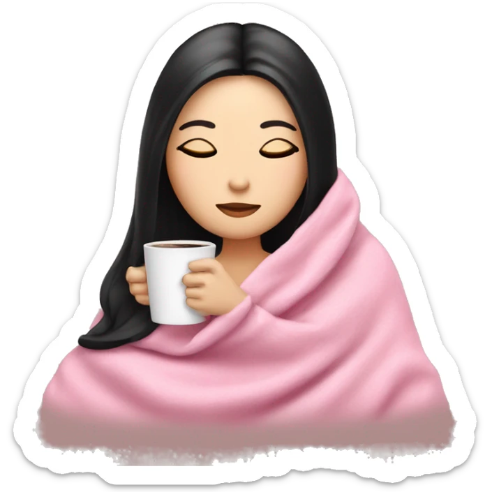 white girl with black straight hair inside a pink blanket sipping coffee eyes closed sticker