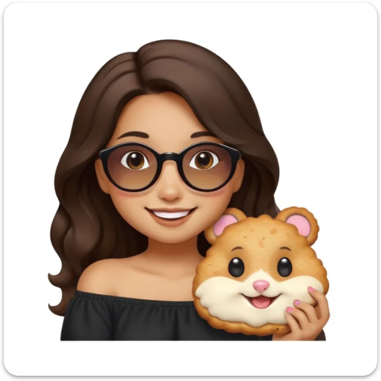 clean modern emoji of a young woman with medium skin, long wavy dark brown hair, black off-shoulder top, friendly smile, warm eyes, quirky hamster with round sunglasses munching a cookie on her shoulder, gentle pastel gradient background, cheerful contemporary fun-loving style sticker