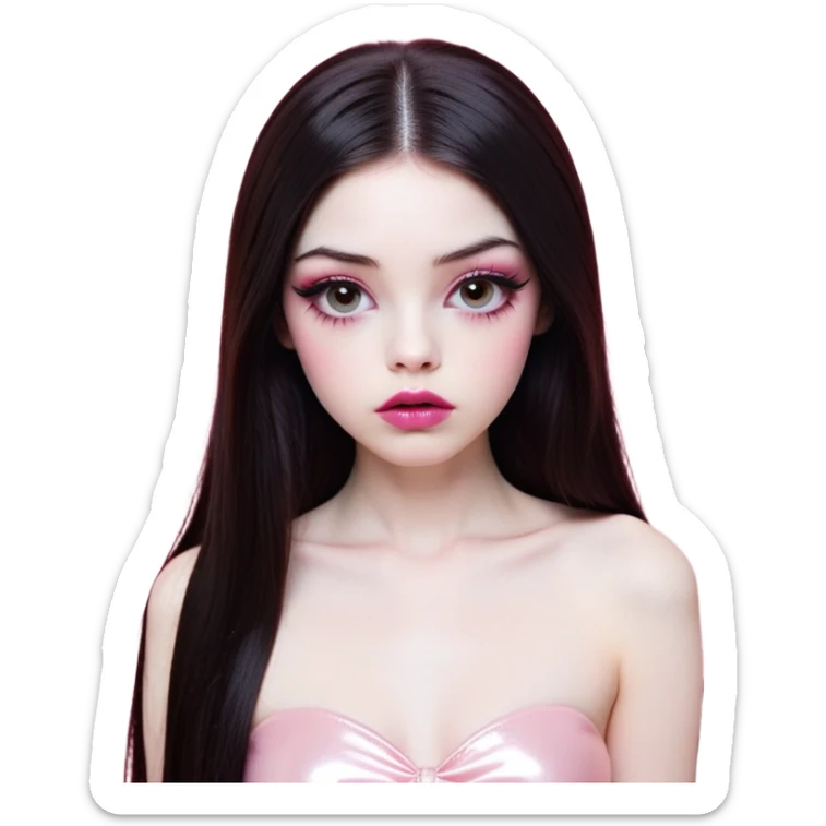 girl with white skin, dark brown long realistic straight hair with middle part prominently falling in front of her body over her shoulders, very big pouty extremely glossy ultra-shiny lips with nude reddish-pink lip gloss and absolutely no cupid's bow, big round eyes with very black shiny eyeballs and huge eyelashes, no eyeshadow, pink blush on cheeks, lighter button nose, exceptionally elongated very long oval-shaped face, wearing a pink off-shoulder top, looking directly at camera with hands down at sides sticker