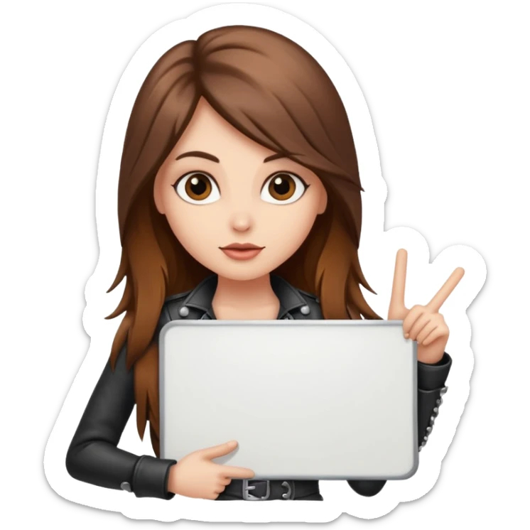 A fair skin rocker chick with long brown hair holding a large blank sign sticker