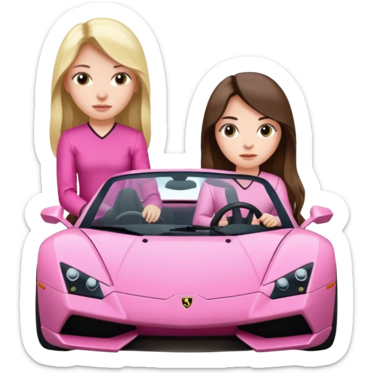 Make car far away so I can see full car Car facing forward in sports car. Make hair long  two girls in car far away Front of car sitting in the seats. Make it a pink sports car. They are two baddies make it a Lamborghini pink car  sticker